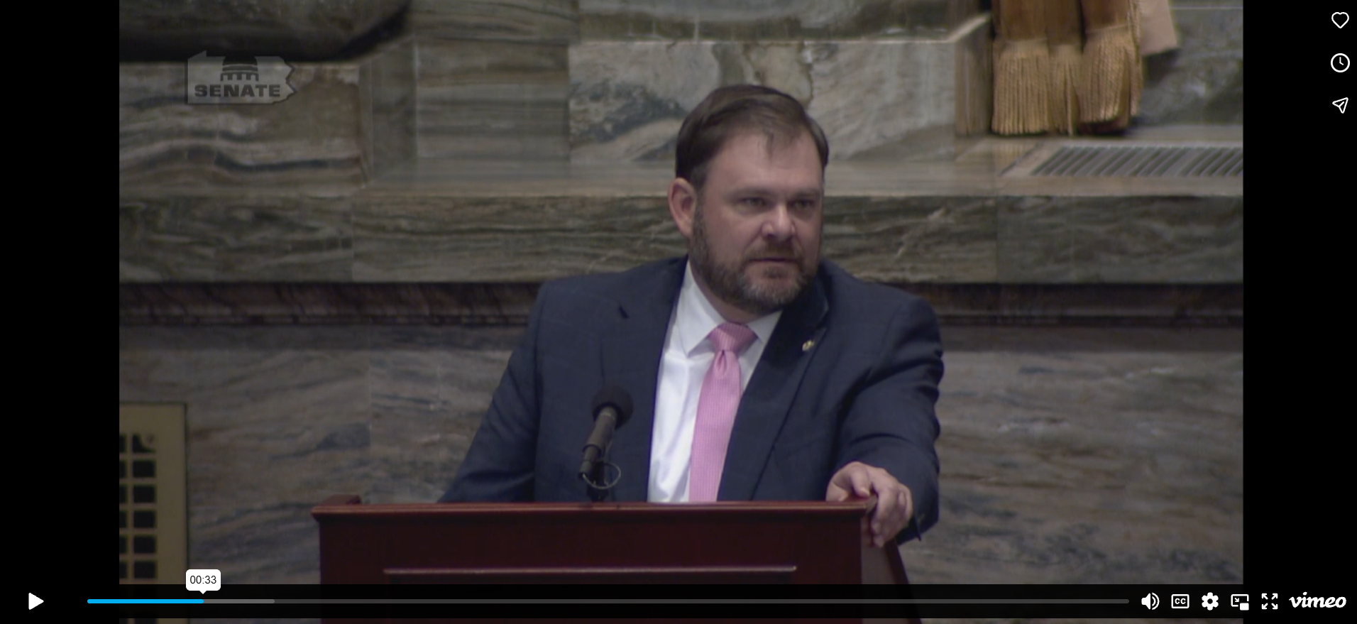 Screen grab of Sen. Pittman on the Senate Floor speaking about protecting fairness in women's sports.