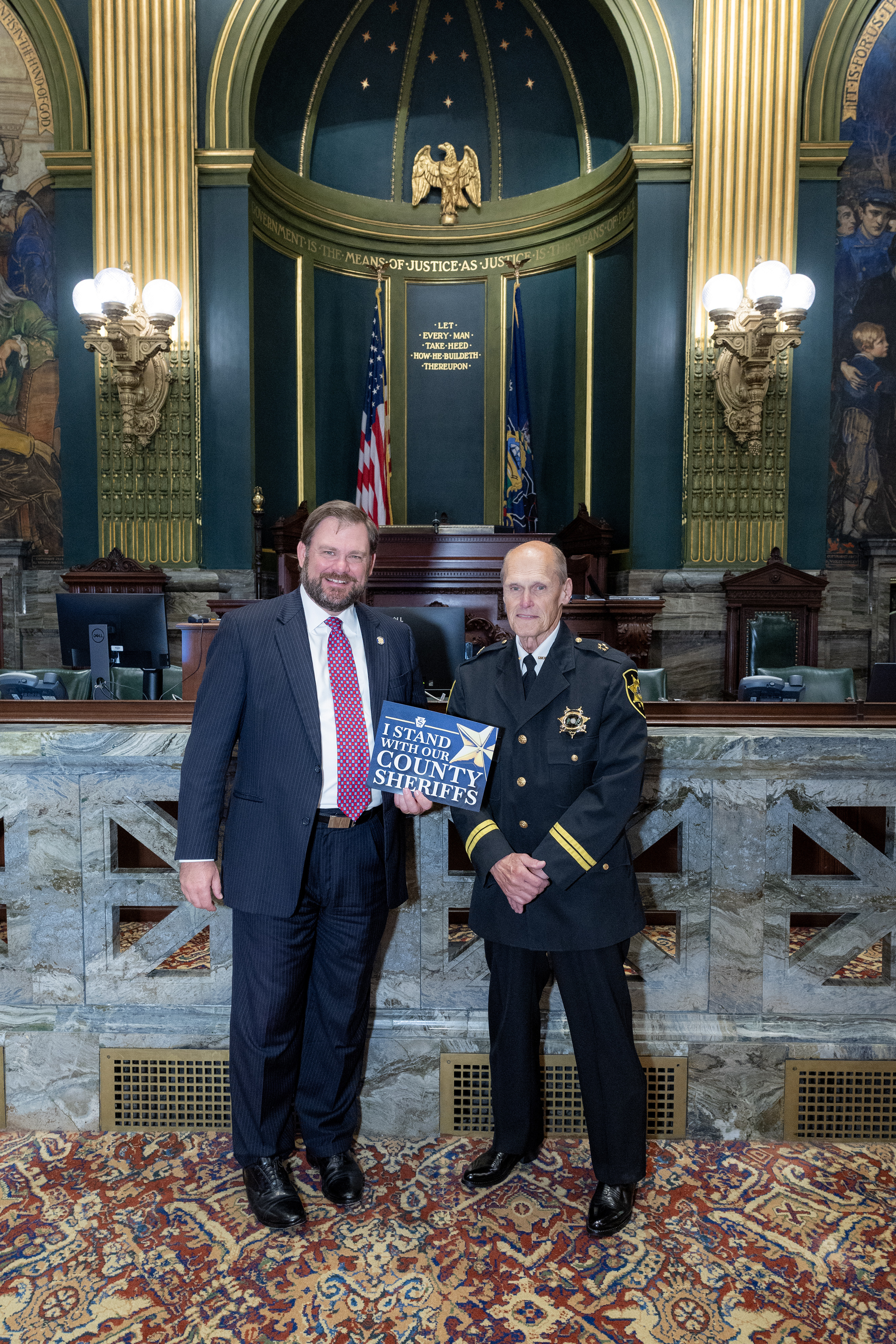 Sen. Pittman and Indiana County Sheriff, Bob Fyock pictured on the Senate Floor with a sign that says "I Stand with our County Sheriffs"
