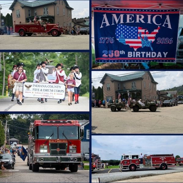 Collage of photos from Saltsburg America 250 Celebration Parade