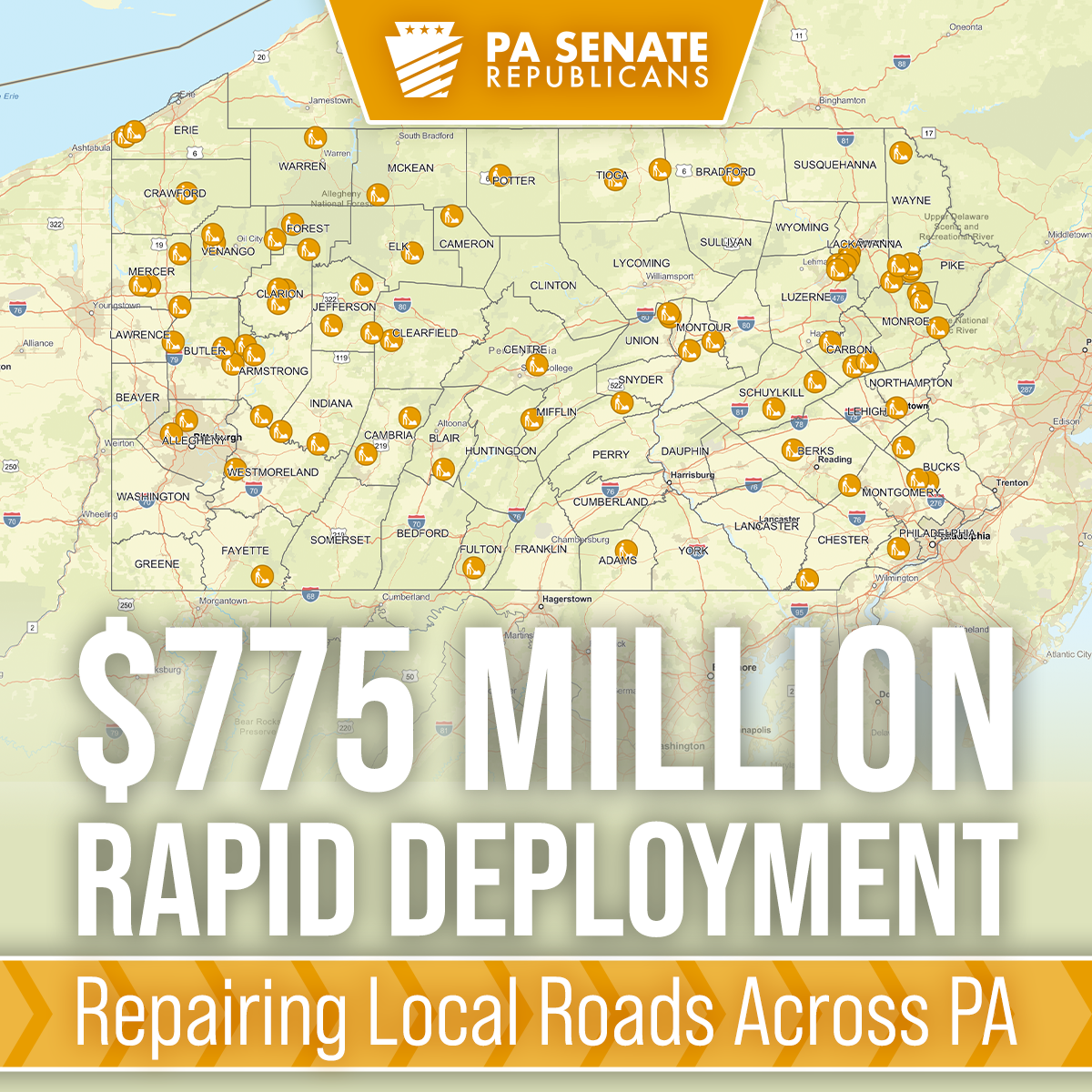 Graphic of the state of PA with the words $775 Million Rapid Deployment - Repairing Local Roads Across PA